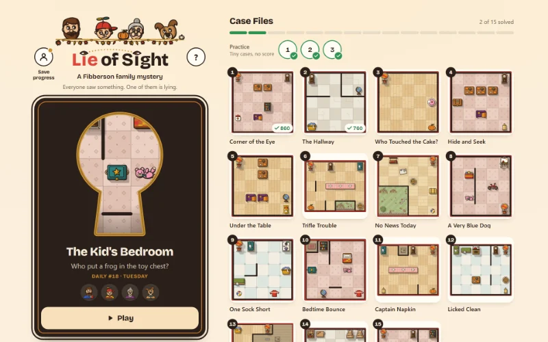 The home screen: today’s daily behind the door, and the Case Files.